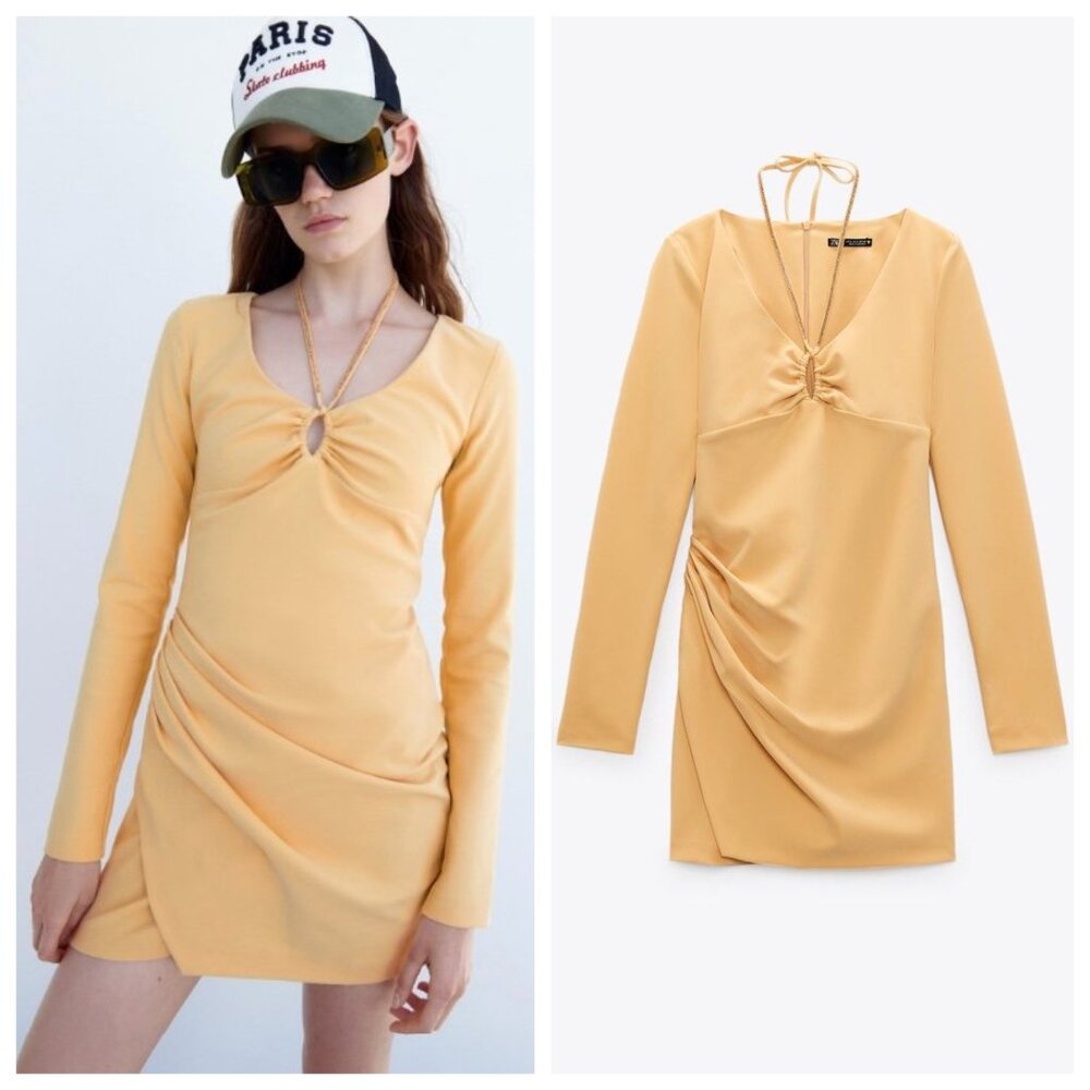 NWT Zara Yellow Rhinestone Halter Strap Keyhole Ruched Draped Long Sleeve Dress